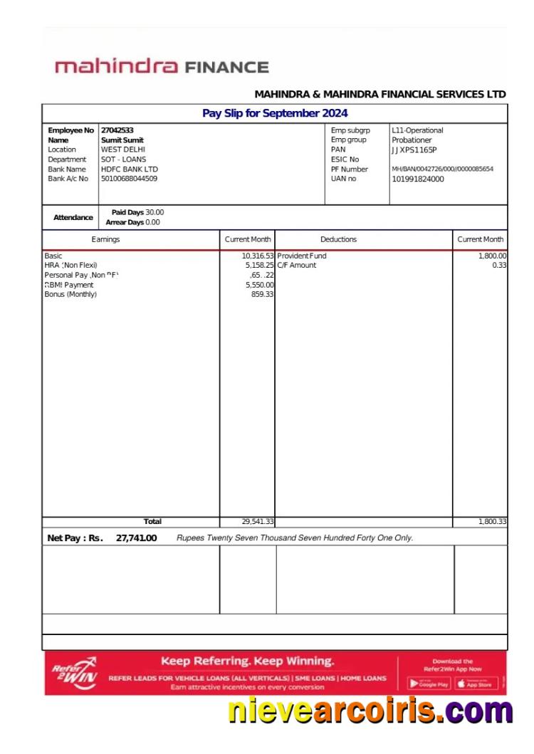 Mahindra Financial Services LTD payslip
